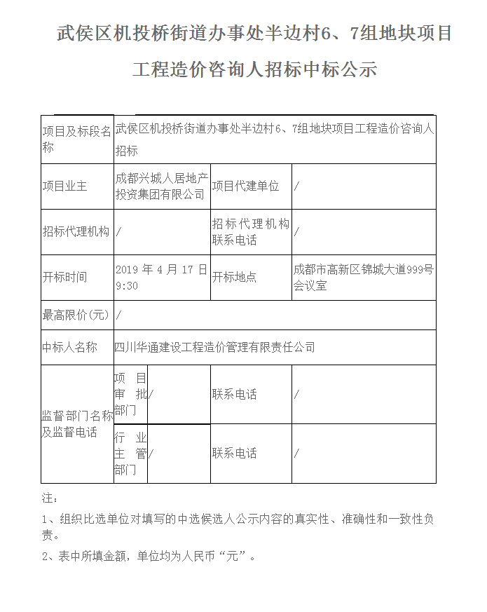 武侯区机投桥街道办事处半边村6、7组地块项目 工程造价咨询人招标中标公示额